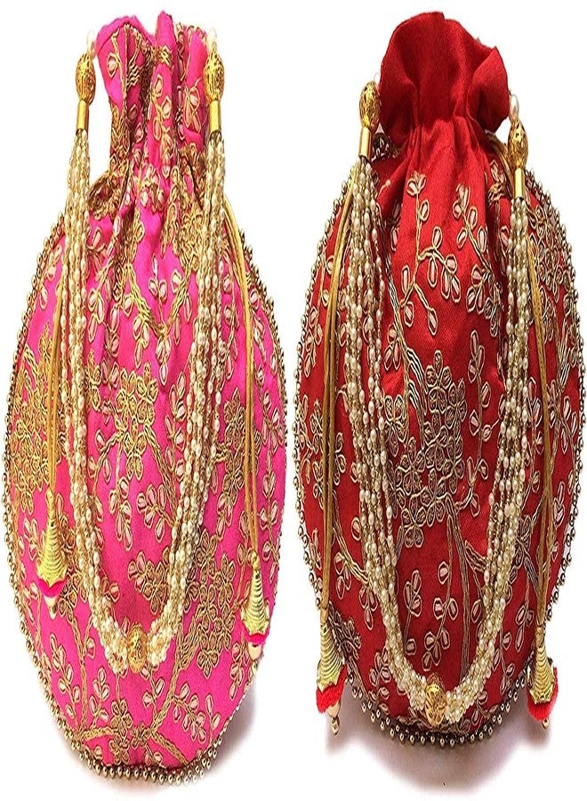 STLYZ Women's Potli Bag (Set Of 2) Rajasthani Style Silk Potli Handbag Wristlet Clutch Batwa Golden Work Embroidery Potli Wedding Gift For Ladies Ethnic Women Fashion Potli - Image 1